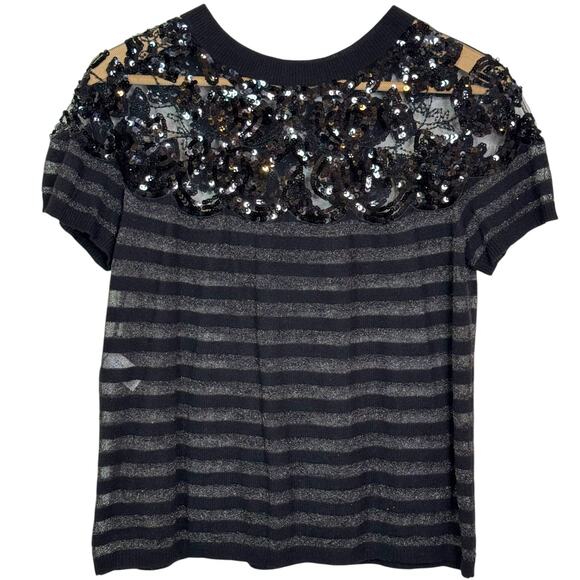 Moschino Cheap & Chic US 6 Silk Cashmere Black Striped Lace Sequin Top - Picture 1 of 7